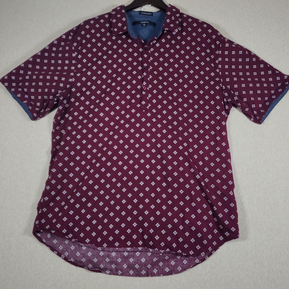Geometric Diamond Print Short Sleeve Shirt Mens XXL Burgundy Cotton Carbon